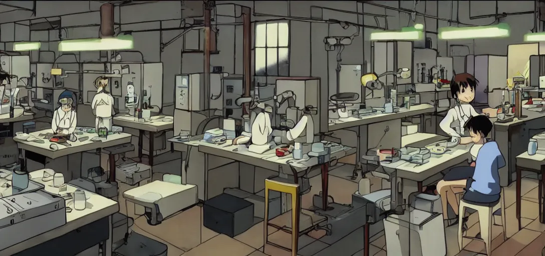 Prompt: A dimly lit laboratory with machines that clone Pokémon, art by Hayao Miyazaki, art by Studio Ghibli, anime style