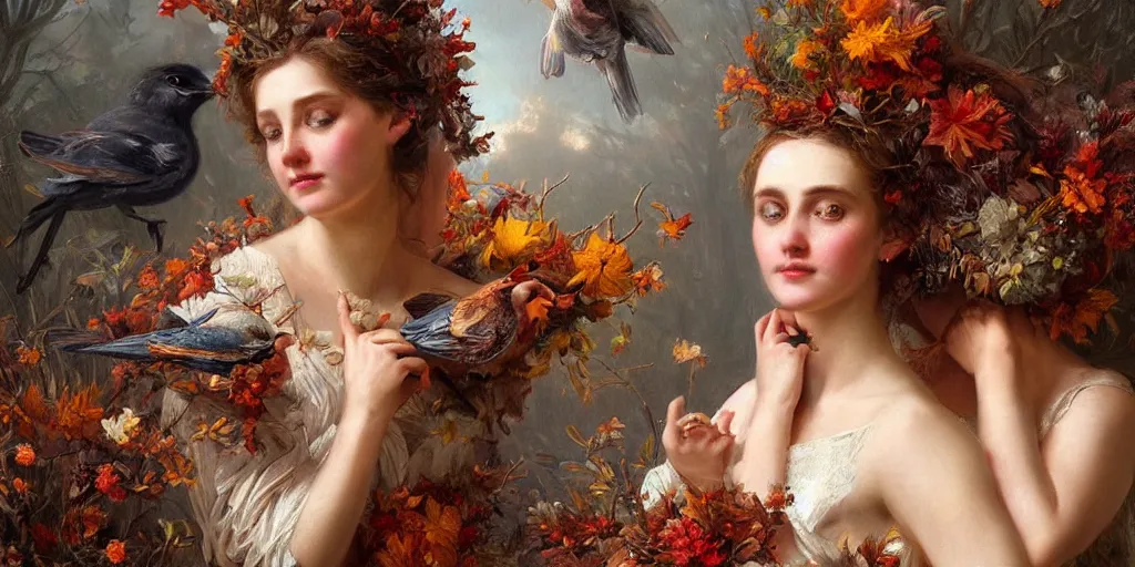 Image similar to breathtaking detailed concept art painting blend of two goddess of autumn by volegov with anxious piercing eyes, vintage illustration pattern with bizarre compositions blend of flowers and fruits and birds by beto val and john james audubon, exquisite detail, extremely moody lighting, 8 k