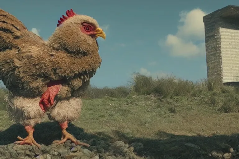 Image similar to a cinematic still of beautiful landscape, olmsted, brutalist chicken man