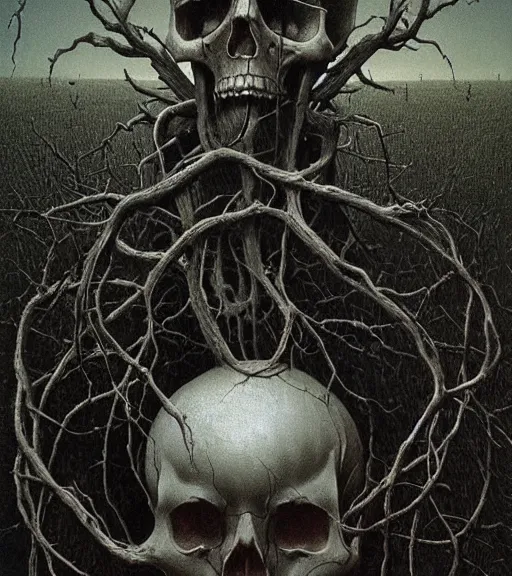 Prompt: skull, ivy, death by zdislaw beksinski