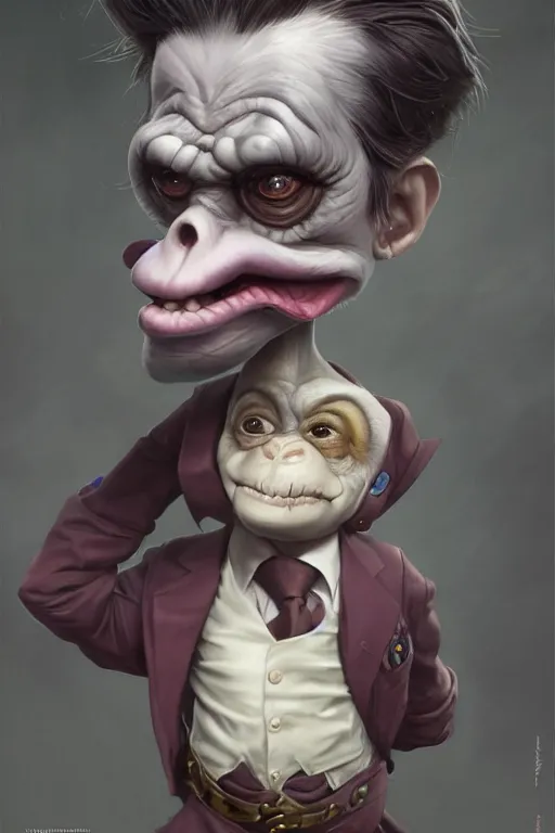 Prompt: cute adorable miniature Joker but he's an ape kid in a business suit, realistic and ultra intricate detailed soft painting, volumetric lighting, mist, Artstation, Tom Bagshaw Yasushi Nirasawa Moebius artstyle, unreal render, depth of field