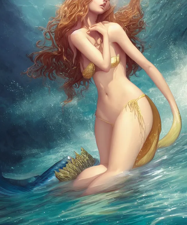 Prompt: cute friendly mermaid princess wearing a bikini swimming in the ocean by charlie bowater and titian and artgerm, intricate, face, cavern, elegant, golden mist, beautiful, highly detailed, dramatic lighting, sharp focus, trending on artstation, artstationhd, artstationhq, unreal engine, 4 k, 8 k