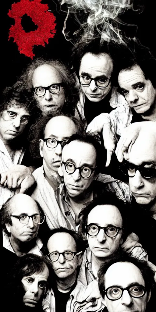 Prompt: award winning photo of todd solondz charlie kaufman larry david syd barret john zorn mike patton smoking, vivid colors, scary, symmetrical face, beautiful eyes, studio lighting, wide shot art by Sally Mann & Arnold Newman