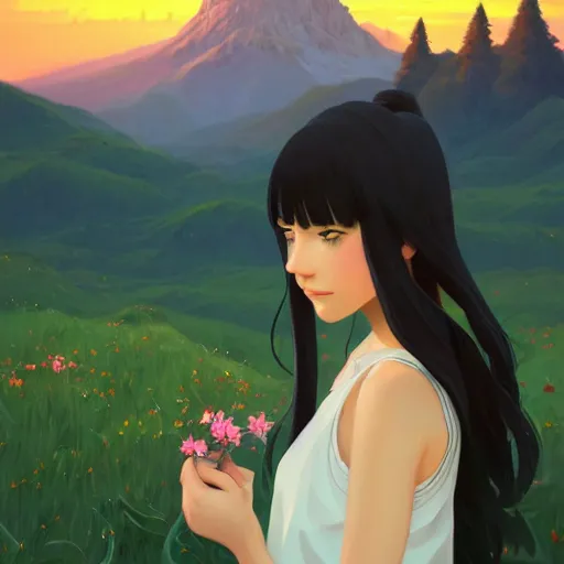 Image similar to portrait of teen girl with long black hair and bangs, detailed facial features, beautiful face, flower fields and mountains in the background, digital painting, artstation, highly detailed, by makoto shinkai and thomas kindle and James gilleard