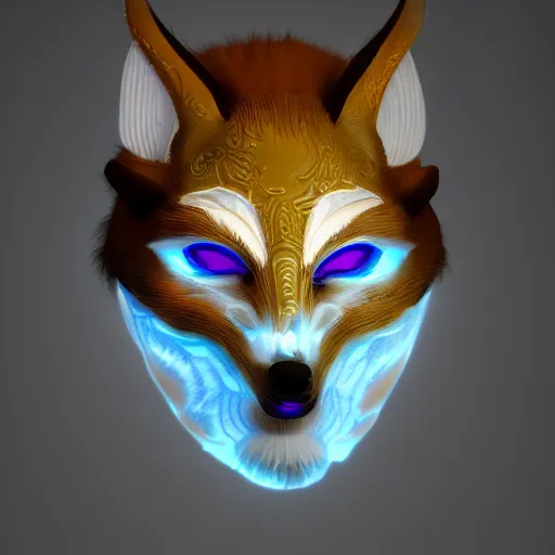 Prompt: a translucent complete holographic kitsune mask, intricate unreal engine 5 creation, movie still