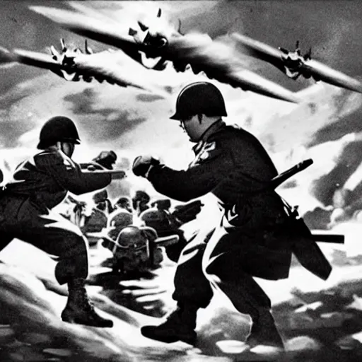 Prompt: pikachu fighting stalin in ww 2 uniform and a mustache, fighting in world war 2, photorealistic, high detail, realistic, sharp focus, smooth edges, soldiers in the background! black & white!, dramatic, sky on fire with dogfights in the sky. wide angle