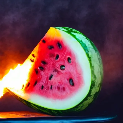 Image similar to photo of a watermelon on fire in a bar