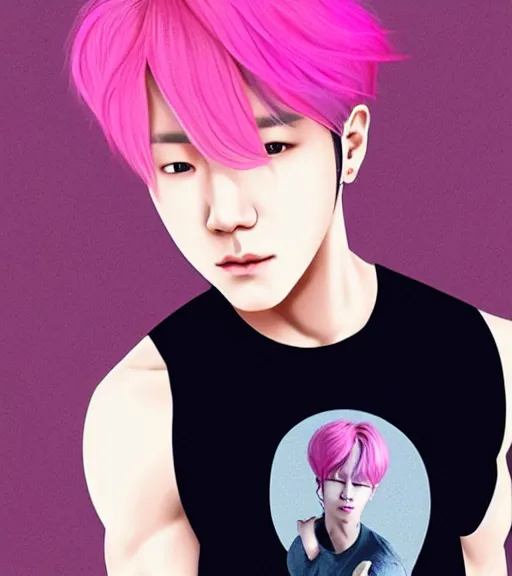 Image similar to pink haired bts jimin, muted colors, colorful flowers, sunlight filtering through skin, illustrated by starember cfg _ scale 9