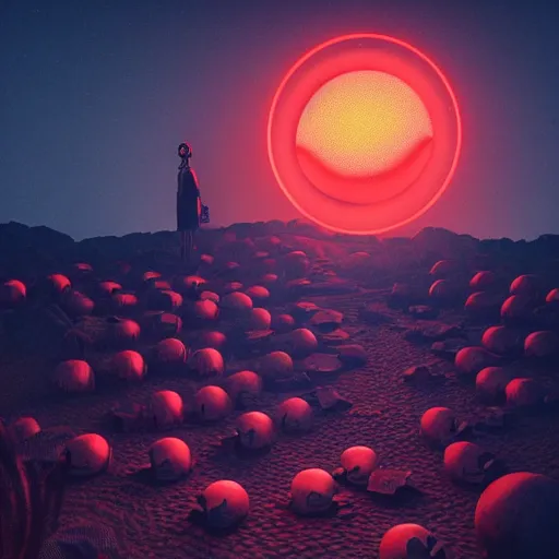 Image similar to beautiful dark landscape, old roman statue in front of a glowing red orb in front of a pile of skulls, in the style of beeple and Mike Winkelmann, intricate, epic lighting, cinematic composition, hyper realistic, 8k resolution,