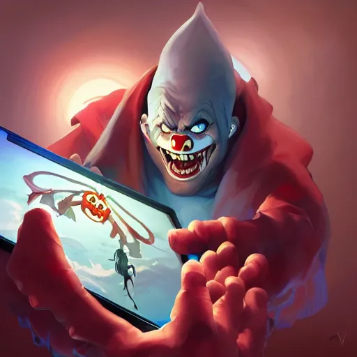 Image similar to Dark Evil clown emerging of a drawing tablet design Video game icon, 2d game artbehance hd by Jesper Ejsing, by RHADS, Makoto Shinkai and Lois van baarle, ilya kuvshinov, rossdraws global illumination