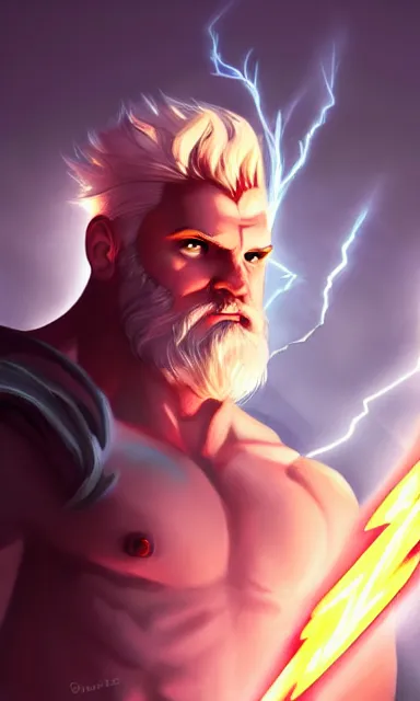 Image similar to epic scene of zeus, lightning, portrait, sharp focus, fantasy, digital art, concept art, dynamic lighting, epic composition, trending on artstation, by emylie boivin 2. 0, rossdraws 1. 5, artgerm 1. 0