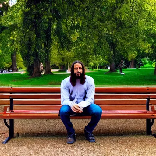 Prompt: jesus christ sitting on a bench in the park