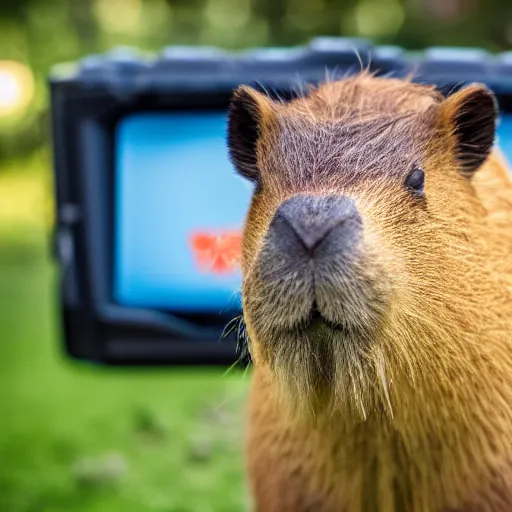 Image similar to photo of a capybara eating a nvidia gtx 1 9 9 0 graphic card, eos - 1 d, f / 1. 4, iso 2 0 0, 1 / 1 6 0 s, 8 k, raw, unedited, symmetrical balance, in - frame, award - winning