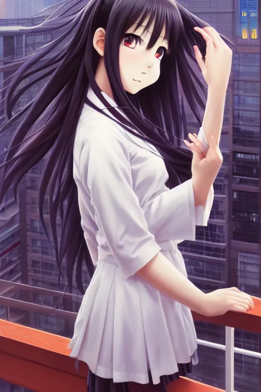 Image similar to beautiful full body portrait of a lone anime female with long flowing hair, wearing Japanese school uniform, standing on a balcony overlooking downtown Tokyo, D&D, fantasy, intricate, elegant, highly detailed, digital painting, artstation, concept art, smooth, sharp focus, illustration, art by ilya kuvshinov and WLOP and Ruan Jia and Krenz Cushart and greg rutkowski and alphonse mucha