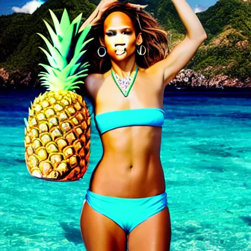 Image similar to j - lo, coconut bikini and a pineapple hat, professional photography, photoshop