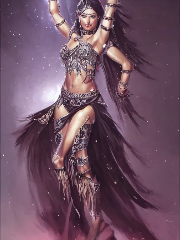 Image similar to picture of gorgeous combat belly dancer, dark skin, symmetrical face, elegant, silver decoration, dnd, high fantasy, matte digital illustration, by rossdraws, ralph horsley, pixiv