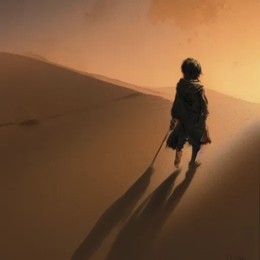 Image similar to a young boy traveling through the desert, painting by Greg Rutkowski, at dawn