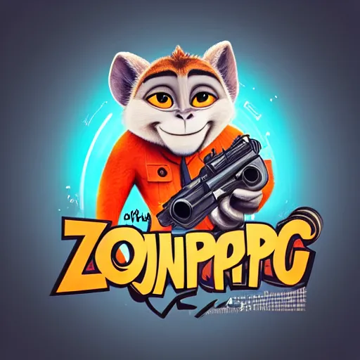 Image similar to “ logo of a upside down monkey in the style of zootopia holding laser gun, with a black background, digital art, award winning, trending on art station, retro style ”