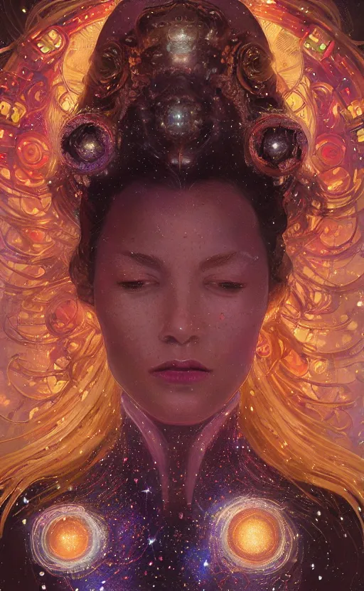 Image similar to portrait of a cosmic goddess, suit made out of stars and galaxies and cosmic energy, intricate, headshot, highly detailed, digital painting, artstation, concept art, sharp focus, cinematic lighting, illustration, art by artgerm and greg rutkowski, alphonse mucha, cgsociety