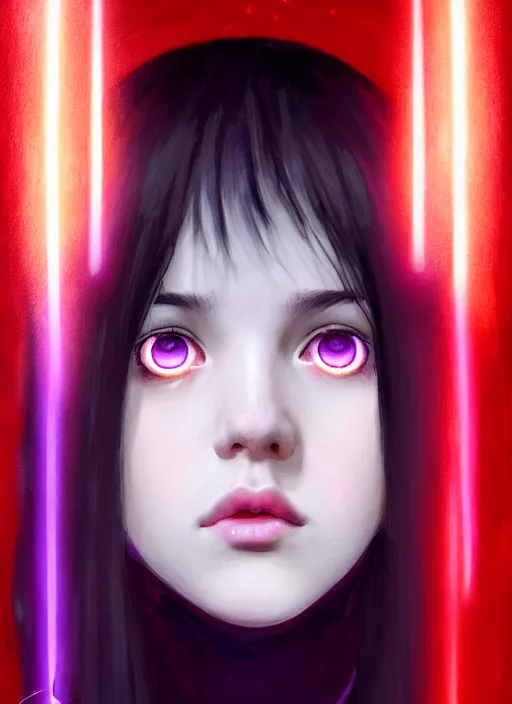 Image similar to portrait of teenage girl with white bangs, red irises, black hair, purple clothes, white bangs, bangs are different color from hair, intricate, front of hair is white rest is black, elegant, glowing lights, highly detailed, digital painting, artstation, concept art, smooth, sharp focus, illustration, art by wlop, mars ravelo and greg rutkowski