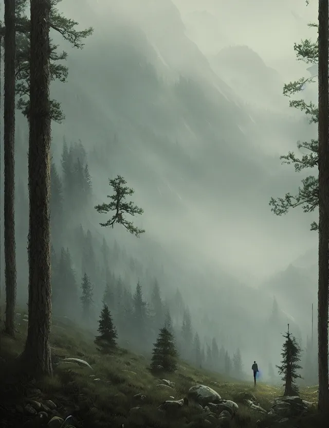 Image similar to hyperreality, mountains and forest stretching into the distance, fog, louise parker, tony's art,, greg rutkowski
