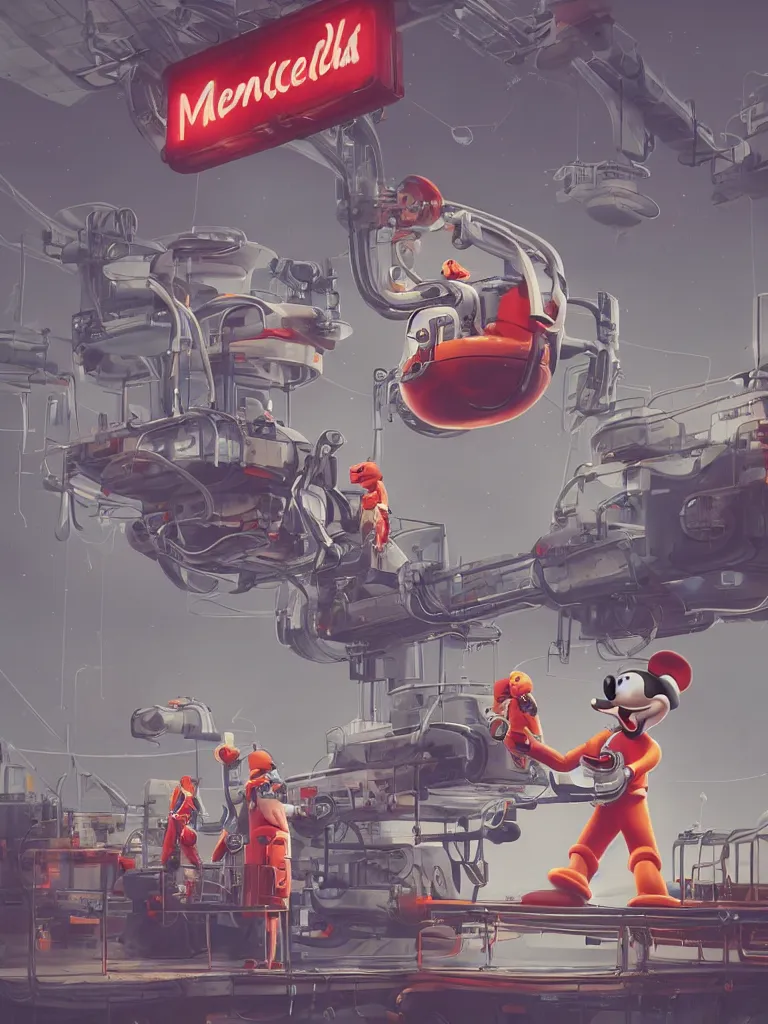 Image similar to graphic art of dystopian futuristic 1 0 mechanic surgeons in space suits, operate on a huge mickeymouse! severedhead!!!! held by a crane. ominous glowing red netflix!!! sign in the background, trending on art station, beeple!!, clean concept art, smooth, octane render