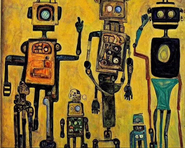 Image similar to a painting of a robot family by graham sutherland, egon schiele, neo - expressionism