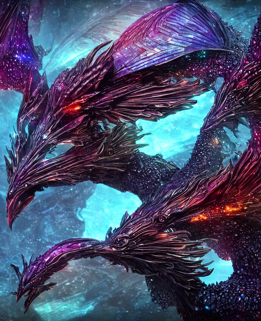 Image similar to close-up macro portrait of the dark queen, epic angle, epic pose, symmetrical artwork, photorealistic, iridescent, 3d with depth of field, blurred background. cybernetic phoenix bird, translucent dragon, nautilus. energy flows of water and fire. a highly detailed epic cinematic concept art CG render. made in Maya, Blender and Photoshop, octane render, excellent composition, cinematic dystopian brutalist atmosphere, dynamic dramatic cinematic lighting, aesthetic, very inspirational, arthouse