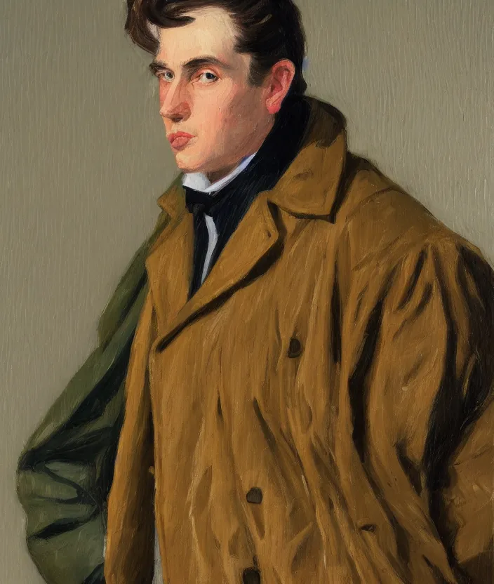 Image similar to a very detailed portrait of a man wearing an 8 0 s jacket with big shoulder pads, very aesthetic leather jacket, detailed closeup of leather jacket, front view, in the style of edward hopper and oswald hornby joseph birley and susan ryder, very small brushstrokes, 4 k,