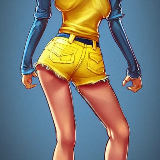 Image similar to anthropomorphic mouse wearing denim short shorts and yellow tank top, highly detailed, artgerm style, artstation, soft light, sharp focus, illustration, character design, concept art