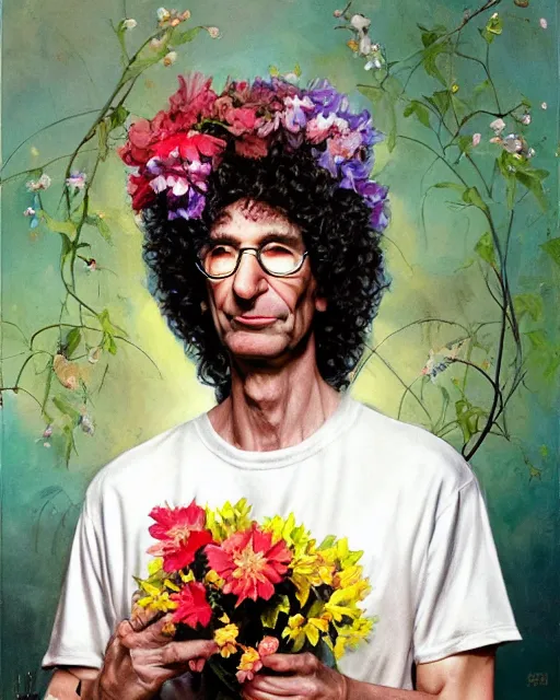 Image similar to a painting of howard stern with flowers in his hair, a character portrait by drew struzan, behance contest winner, american scene painting, oil on canvas, matte drawing, studio portrait