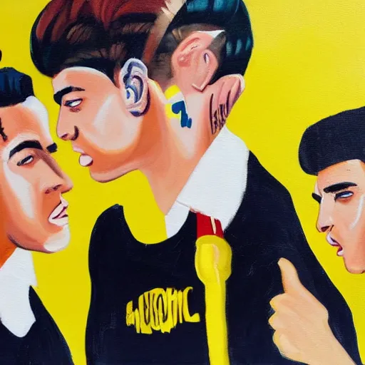 Image similar to a painting of three male teenagers with rockabilly haircuts holding yellow icw pops and looking at women in the streets high details