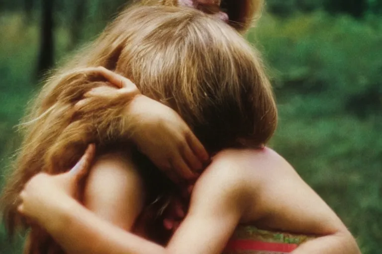 Image similar to close-up color film photography 1970s, girl hugs a tiger, soft light, 35mm, film photo, Joel Meyerowitz