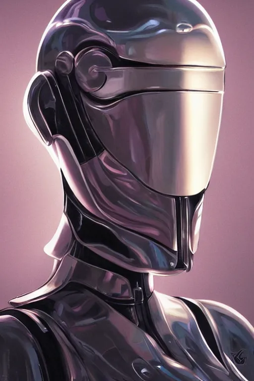 Image similar to retro-futuristic female android in chrome armour, facial portrait, rim light, ornate pattern, painting by vincent di fate, artgerm julie bell beeple, Smooth gradients, High contrast, depth of field, very coherent symmetrical artwork