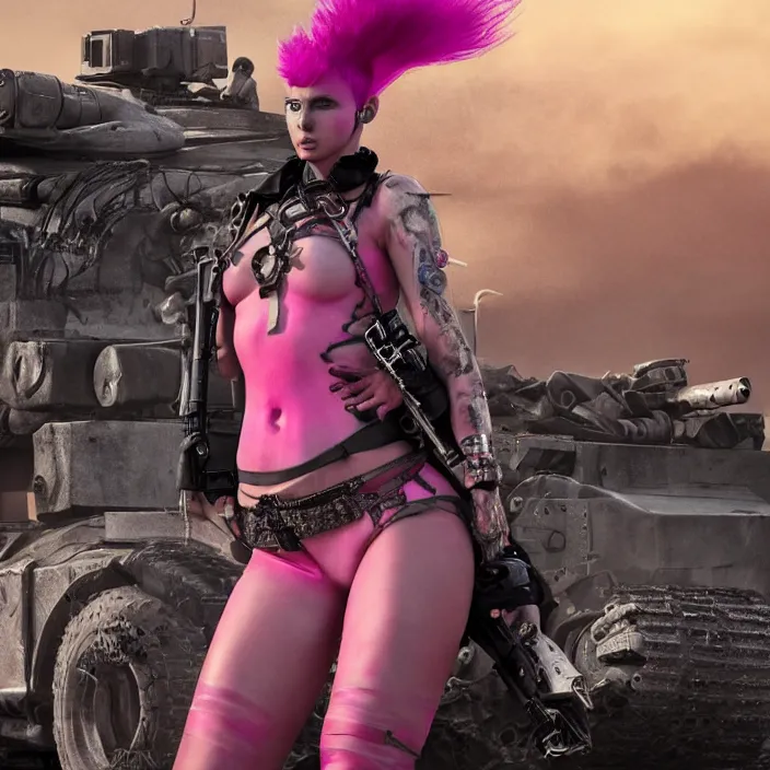 Image similar to realistic beautiful apocalyptic woman with pink Mohawk, standing on mad max panzer tank, 4k ultra hd, fantasy dark art, tank girl, artstation, octane render