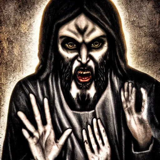 Image similar to demonic Jesus Christ summoning demons, scary, horror, demons, terror, terrifying, dark, gloomy, ominous, hyper realism, close shot, photography, photograph,