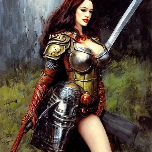 Image similar to portrait of kat dennings wearing armor and holding sword by frank fazetta, fantasy, barbarian