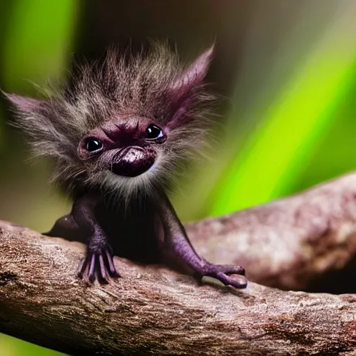 Prompt: funny little creature animal in the rainforest, wildlife photography, ultrarealistic, national geographic, cinematic lightning