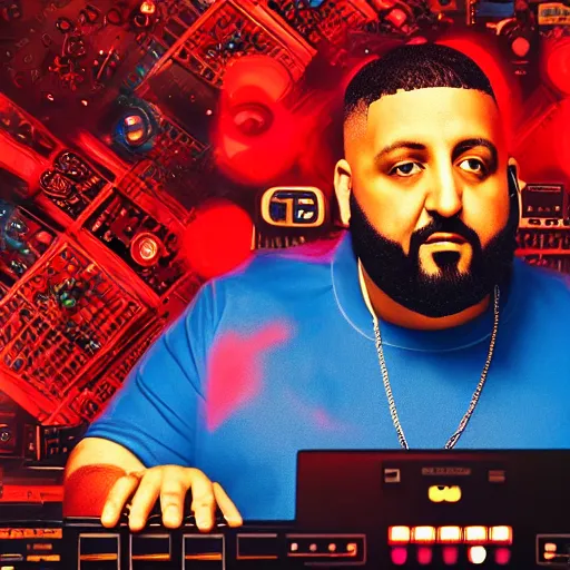 Prompt: ultra detailed portrait photo of dj khaled in a studio, blue, under red and yellow cinematic lighting, digital painting, android jones