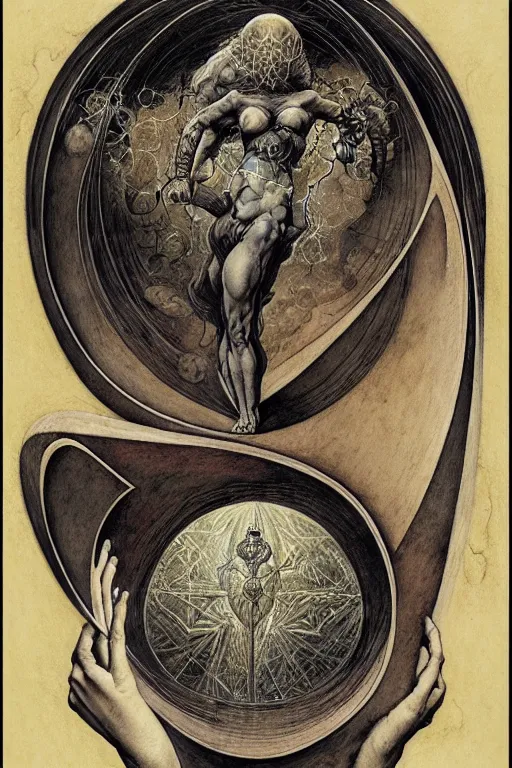 Image similar to calligraphy vesica piscis in the style of wayne barlowe, gustav moreau, goward, bussiere, roberto ferri, santiago caruso, luis ricardo falero, austin osman spare