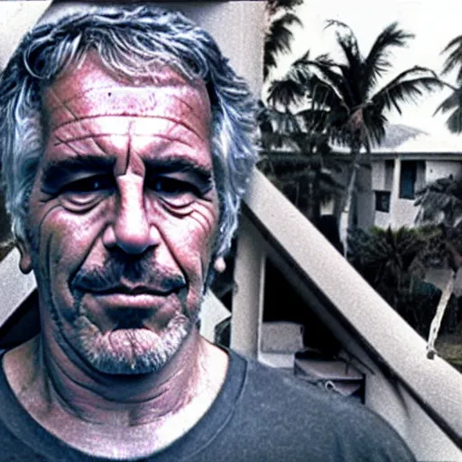 Prompt: photo of jeffrey epstein on epstein island, 1 9 8 0 s, wide angle,