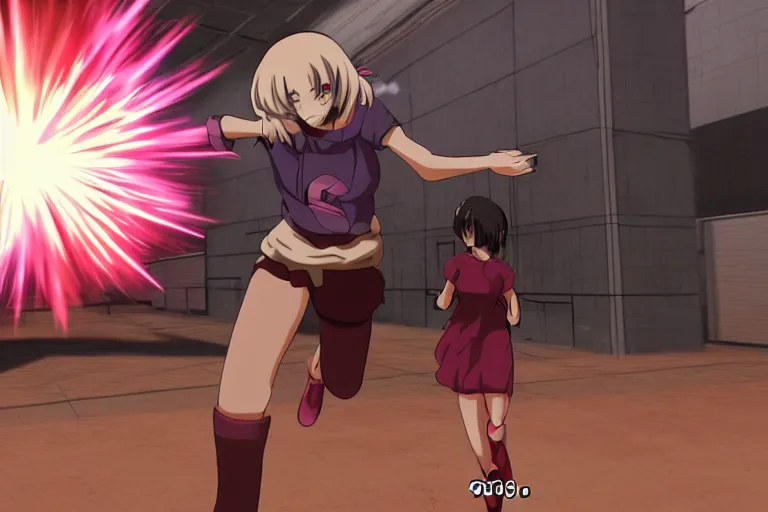 Image similar to an anime girl in a screenshot of the video game doom, the anime girl is running away