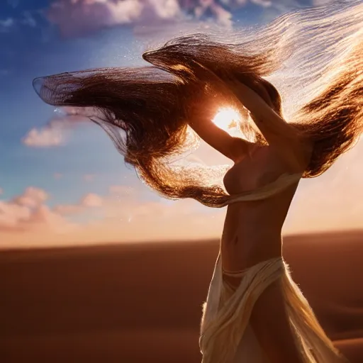 Image similar to filmstill photography of female body sulhouette covered with curly white translucent blanket blowing in wind, acrylic liquid colors, luxurious supermodel photoshooting, golden jewelry, bokeh, godrays, strong wind, wrinkles, sunrays, sunset, lens flares, monet, painting by renoir, cold colors, sand dunes