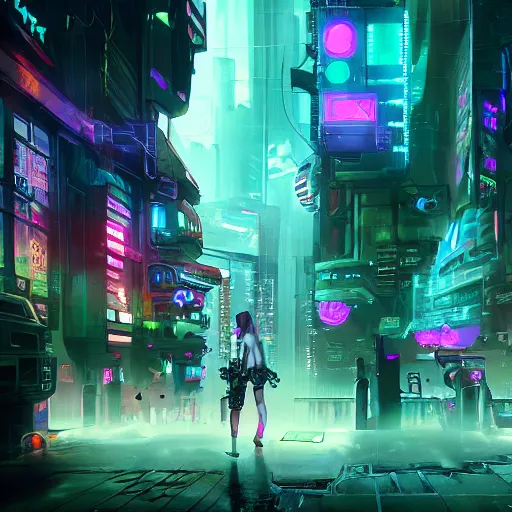 Prompt: jinx, cyberpunk, concept art, artstation, detailed, dramatic lighting, cyber - city background