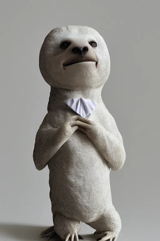 Image similar to white marble sculpture of a sloth wearing a tie, medium format film color photography