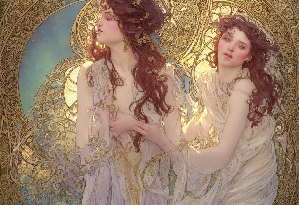 Image similar to an angel, highly detailed, very intricate, art nouveau, gold filigree, romantic storybook fantasy, soft cinematic lighting, award - winning, disney concept art watercolor illustration by mandy jurgens and alphonse mucha and alena aenami, pastel color palette, featured on artstation