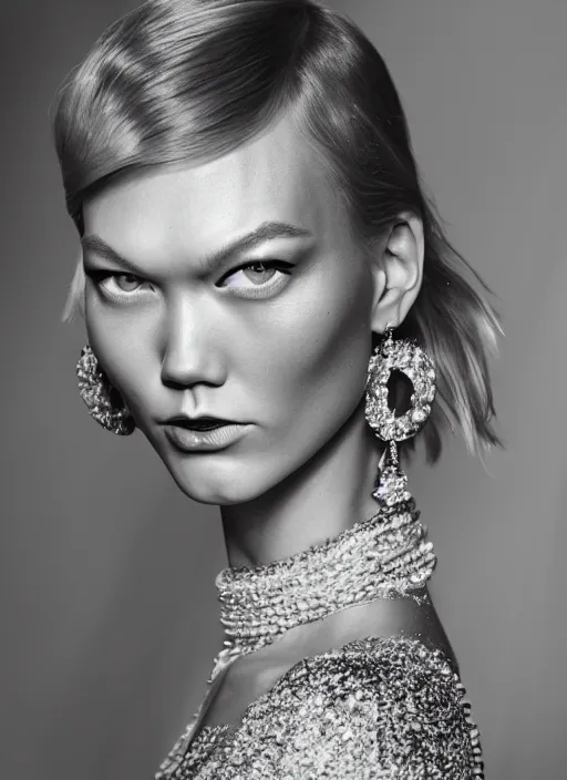 Image similar to A beautiful portrait of Karlie Kloss as a model at Chanel fashion show Paris Spring/Summer 2018, highly detailed, in the style of cinematic, fashionweek backstage, makeup by Pat Mcgrath, shot by Greg rutkowski