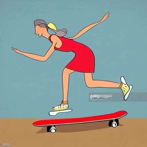 Prompt: stylized illustration of a girl ridin a skateboard with one leg up and the other on the deck going fast, side view