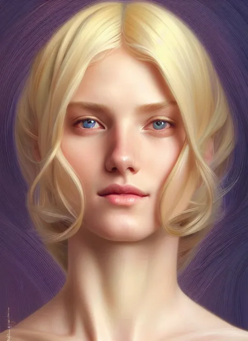 Image similar to beautiful feminine face! portrait of young woman blessed by god with ever - increasing physical and mental perfection, blonde hair, symmetrical! intricate, elegant, highly detailed, vision of holy perfection!! smile, digital painting, artstation, concept art, smooth, sharp focus, illustration, art by artgerm and greg rutkowski and alphonse mucha