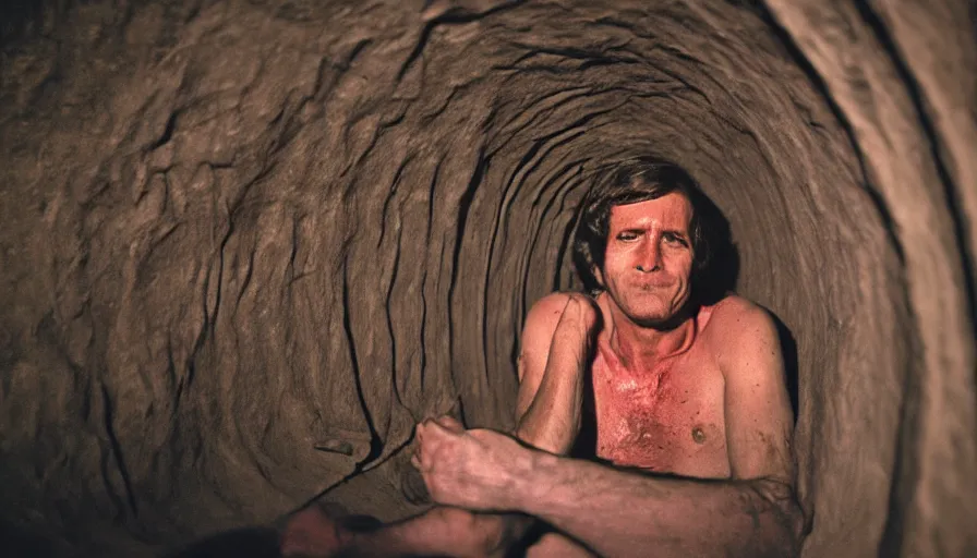 Prompt: 1 9 7 0 s movie still of a man in a barque in a tiny tunnel of flesh, leica sl 2